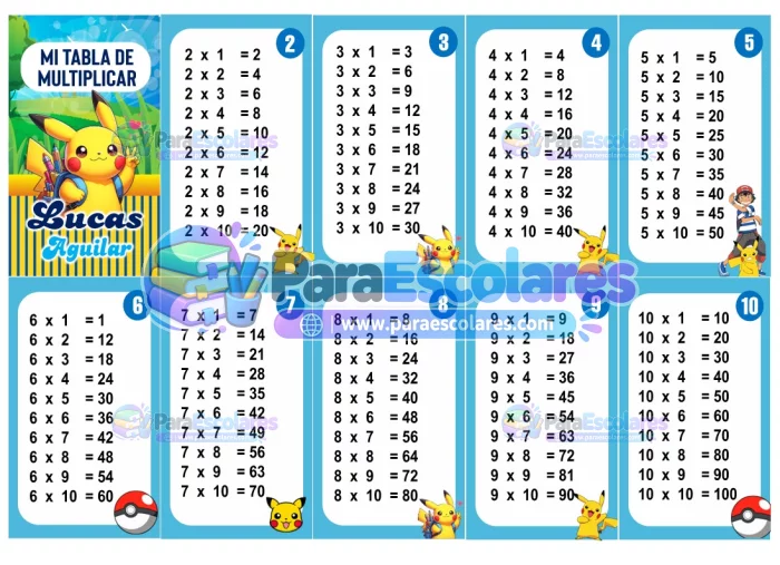 Pikachu Tabla de Multiplicar